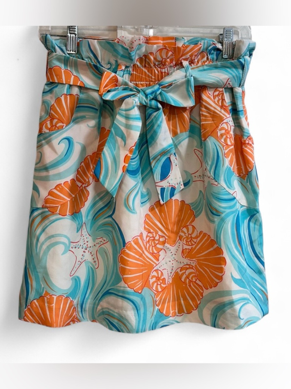 Lilly Pulitzer Orange & Aqua Shell-Print Tiered Skirt 100% Silk.